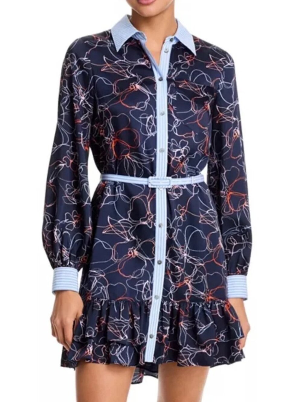 Cinq a Sept Womens 6 Malva Floral Print Linework Shirt Dress Tirza Blue Belt